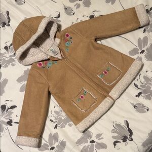 Little Me Tan Kids Puffer Jacket with Floral Embroidery